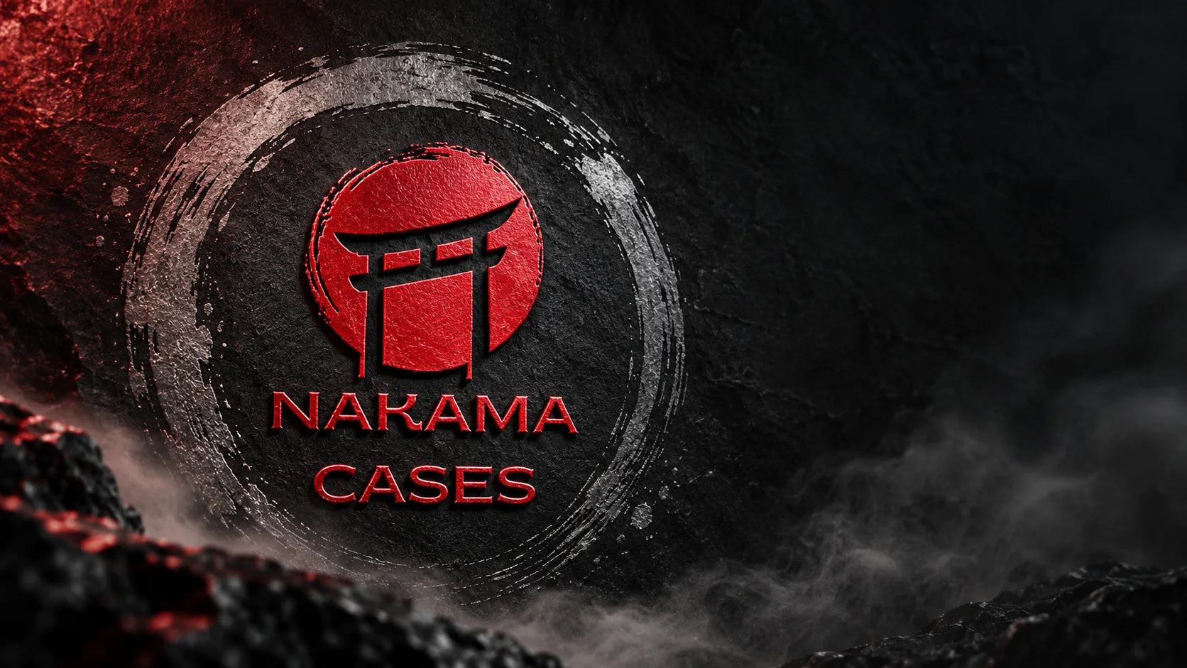 Nakama Cases red emblem on a textured black background